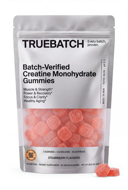 TrueBatch Batch-Verified Creatine Monohydrate Gummies — Strawberry, 90 vegan gummies (design mockup)